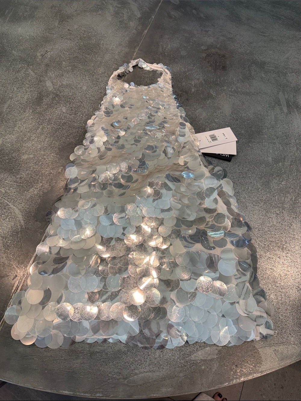 Retrofete Iridescent Silver Sequin Halter Mini Dress